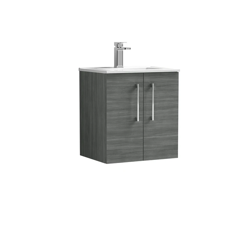 nuie ARN521B Arno Modern Bathroom Wall Hung 2 Door Vanity Unit with Minimalist Ceramic Basin, 500mm, Woodgrain Anthracite