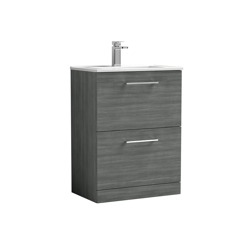 nuie ARN533B Arno Modern Bathroom Floor Standing 2 Drawer Vanity Unit with Minimalist Ceramic Basin, Anthracite