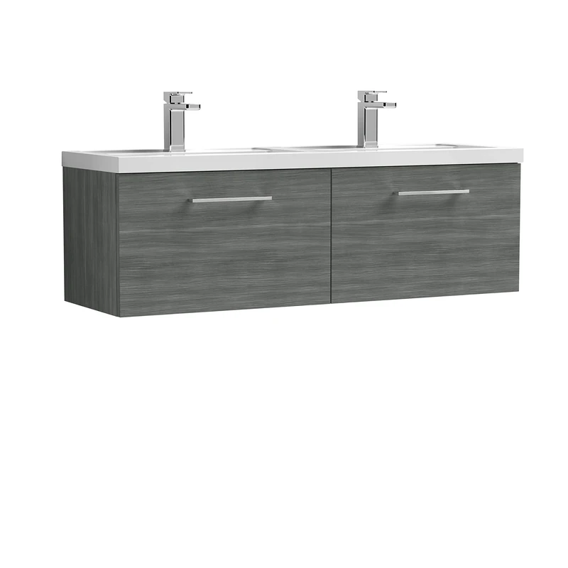 nuie ARN522C Arno Modern Bathroom Wall Hung 2 Drawer Double Vanity Unit with Twin Polymarble Basin, 1200mm, Woodgrain Anthracite