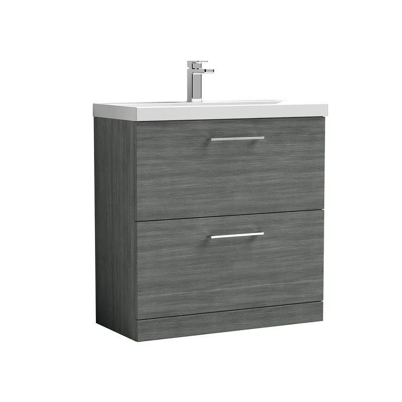 nuie ARN535D Arno Modern Bathroom Floor Standing 2 Drawer Vanity Unit with Thin-Edge Ceramic Basin, Anthracite
