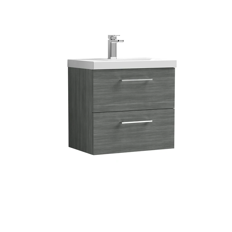 nuie ARN524A Arno Modern Bathroom Wall Hung 2 Drawer Vanity Unit with Mid-Edge Ceramic Basin, Anthracite