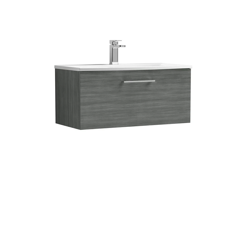 nuie ARN525G Arno Modern Bathroom Wall Hung 1 Drawer Vanity Unit with Curved Ceramic Basin, Anthracite