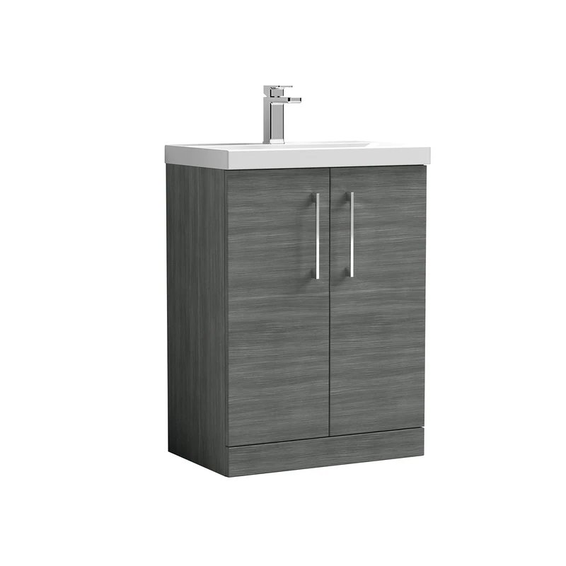 nuie ARN503A Arno Modern Bathroom Floor Standing 2 Door Vanity Unit with Mid-Edge Ceramic Basin, 600mm, Woodgrain Anthracite