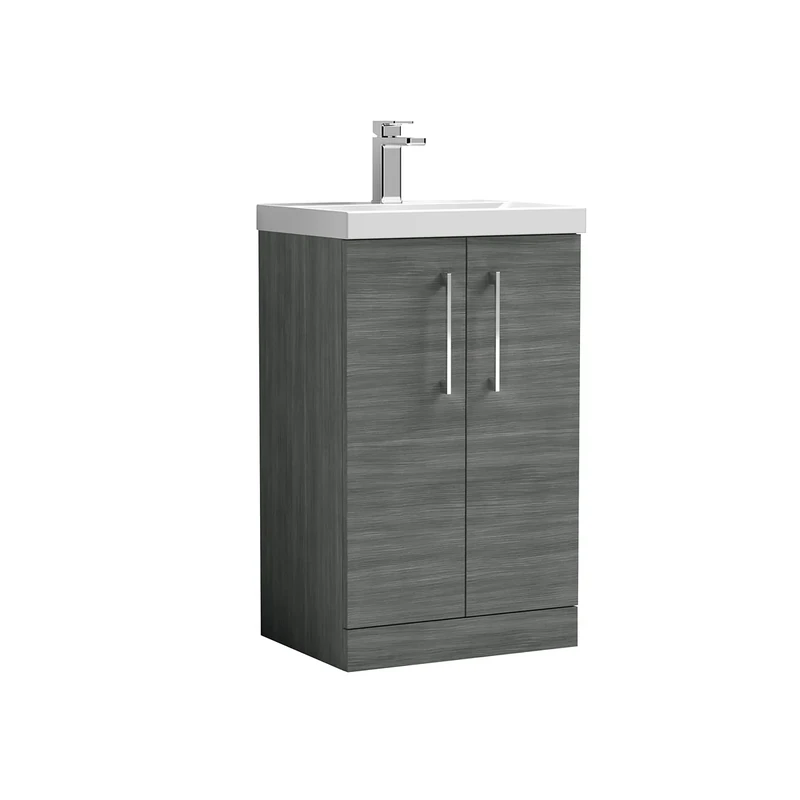 nuie ARN501D Arno Modern Bathroom Floor Standing 2 Door Vanity Unit with Thin-Edge Ceramic Basin, 500mm, Woodgrain Anthracite