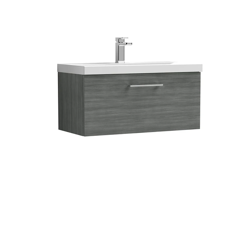 nuie ARN525A Arno Modern Bathroom Wall Hung 1 Drawer Vanity Unit with Mid-Edge Ceramic Basin, 800mm, Woodgrain Anthracite
