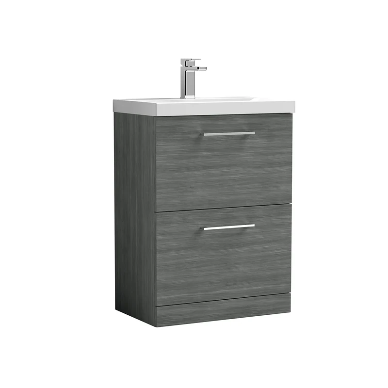 nuie ARN533D Arno Modern Bathroom Floor Standing 2 Drawer Vanity Unit with Thin-Edge Ceramic Basin, Anthracite