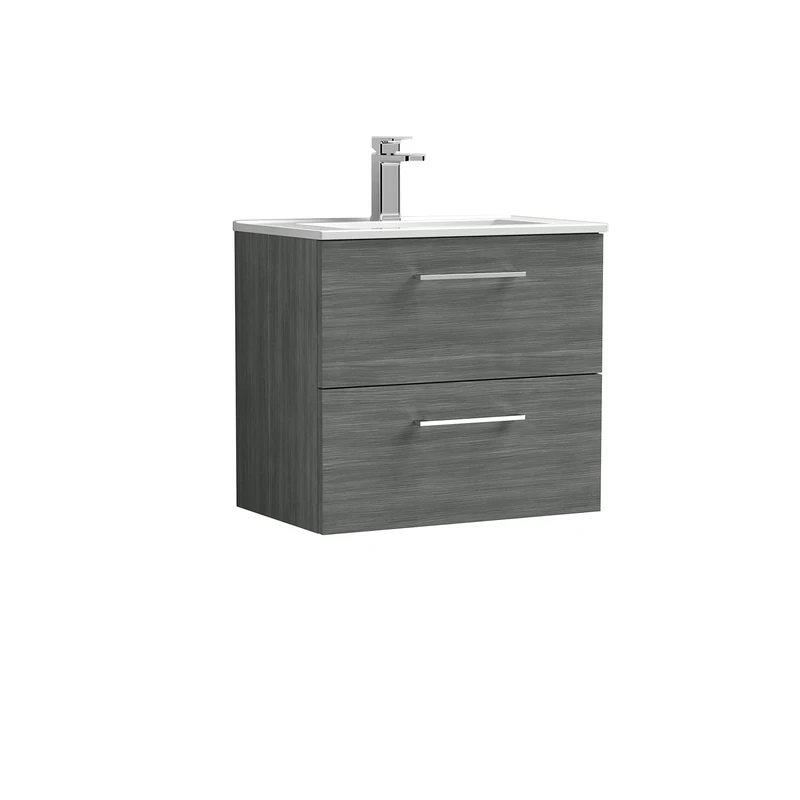 nuie ARN524B Arno Modern Bathroom Wall Hung 2 Drawer Vanity Unit with Minimalist Ceramic Basin, Anthracite