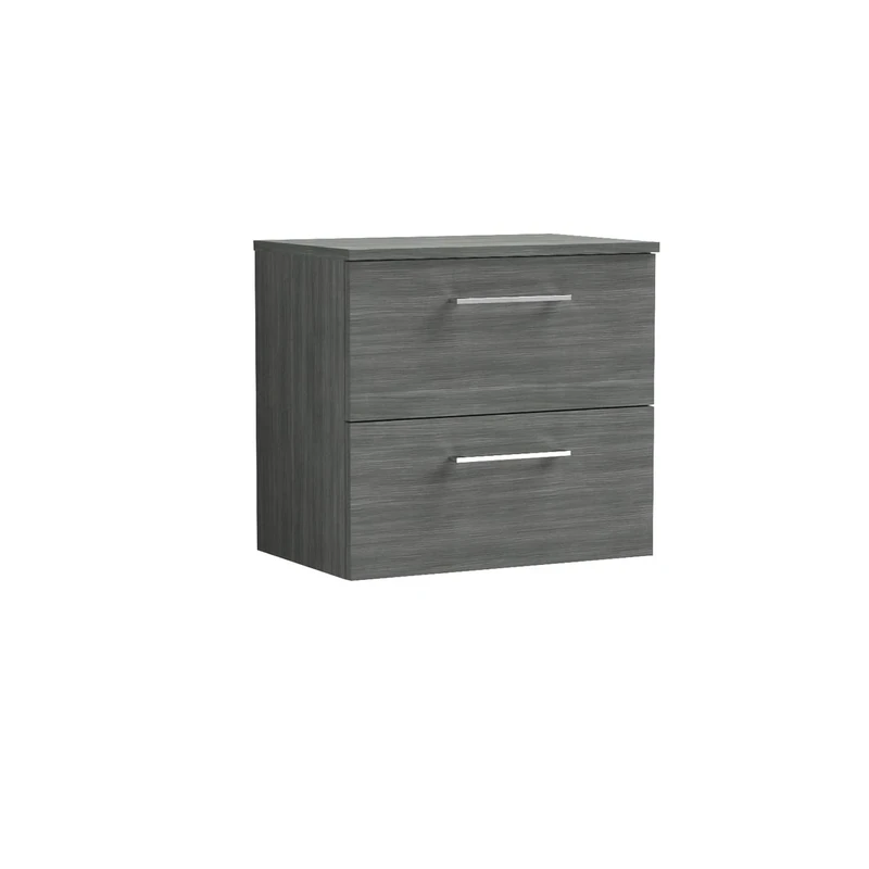 nuie ARN524W Arno Modern Bathroom Wall Hung 2 Drawer Vanity Unit with Colour Worktop, 600mm, Woodgrain Anthracite