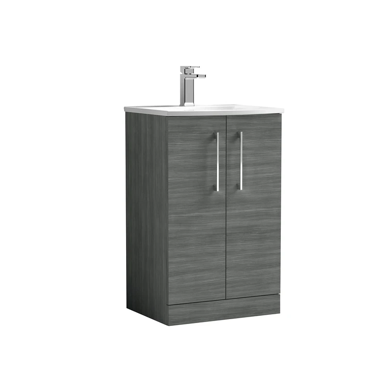 nuie Modern Bathroom Floor Standing 2 Door Vanity Unit with Curved Ceramic Basin, Anthracite, 500mm