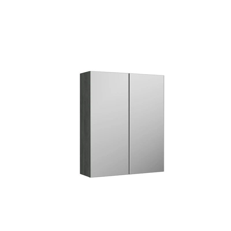 nuie OFF517N Arno Modern Bathroom Wall Hung Mirror Cabinet - 2 Door 50/50 Split, 600mm, Woodgrain Anthracite