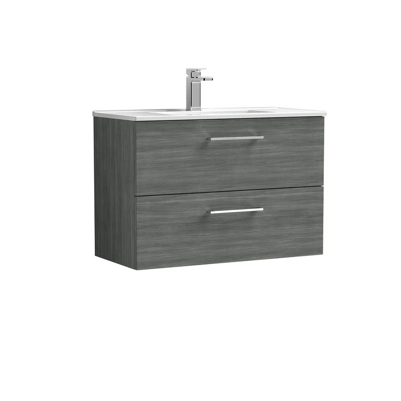 nuie ARN526B Arno Modern Bathroom Wall Hung 2 Drawer Vanity Unit with Minimalist Ceramic Basin, Anthracite