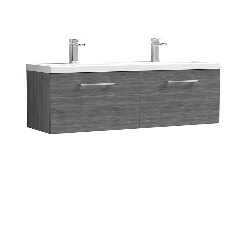 nuie ARN522F Arno Modern Bathroom Wall Hung 2 Drawer Double Vanity Unit with Twin Ceramic Basin, Anthracite