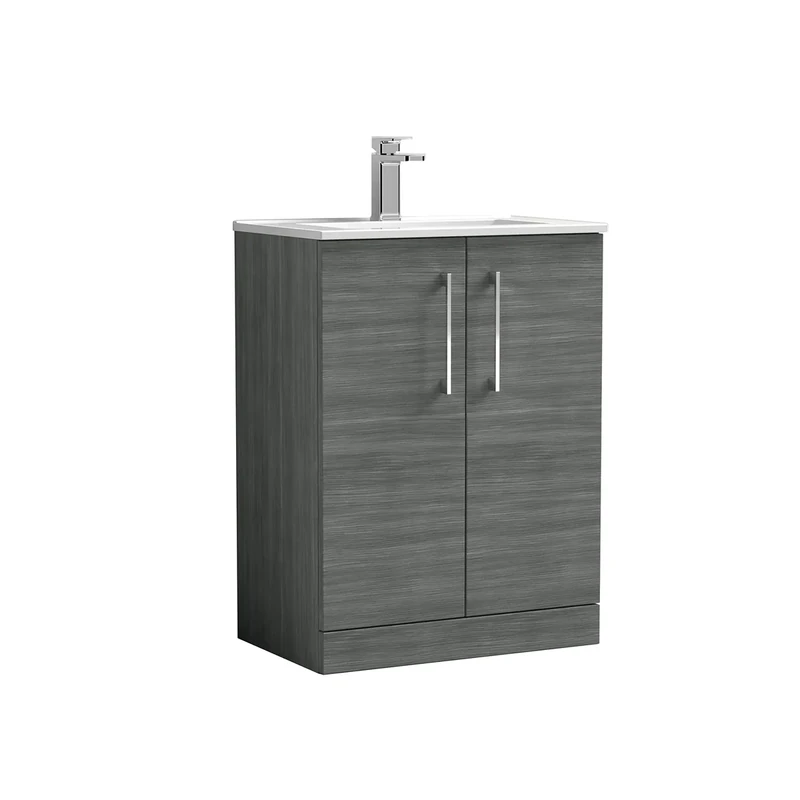 nuie ARN503B Arno Modern Bathroom Floor Standing 2 Door Vanity Unit with Minimalist Ceramic Basin, Anthracite
