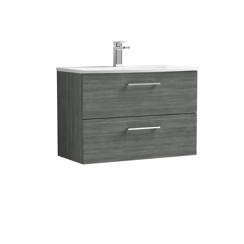 nuie ARN526G Arno Modern Bathroom Wall Hung 2 Drawer Vanity Unit with Curved Ceramic Basin, Anthracite