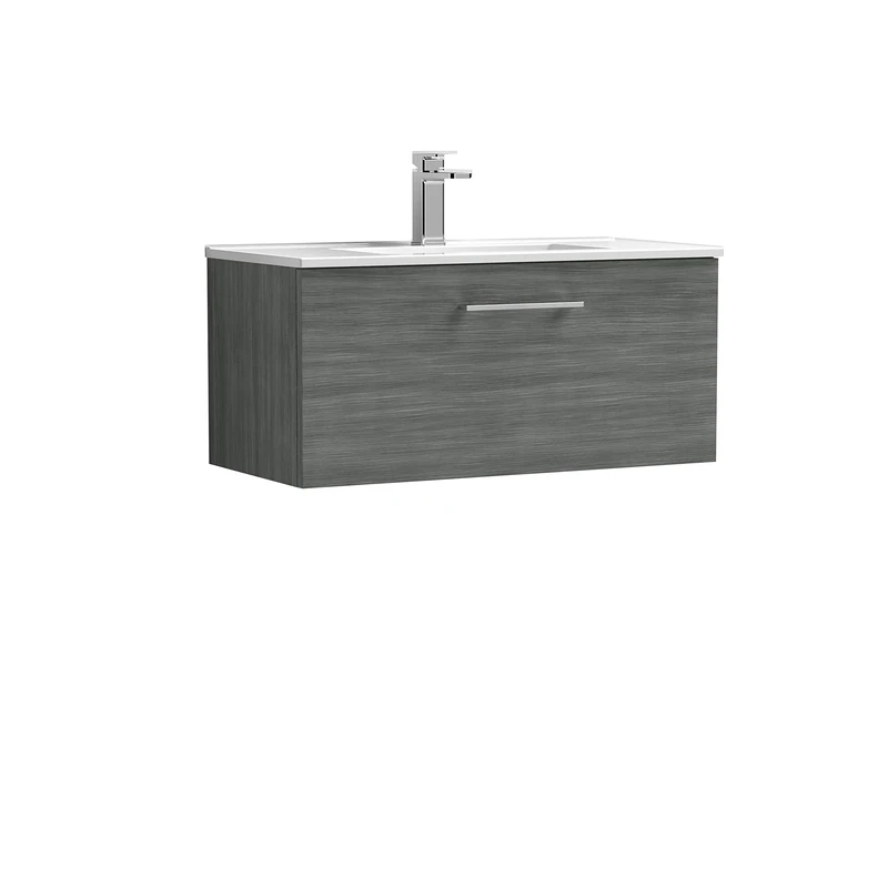 nuie ARN525B Arno Modern Bathroom Wall Hung 1 Drawer Vanity Unit with Minimalist Ceramic Basin, 800mm, Woodgrain Anthracite