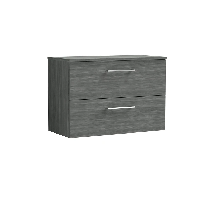 nuie ARN526W Arno Modern Bathroom Wall Hung 2 Drawer Vanity Unit with Colour Worktop, 800mm, Woodgrain Anthracite