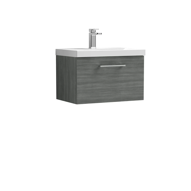 nuie ARN522A Arno Modern Bathroom Wall Hung 1 Drawer Vanity Unit with Mid-Edge Ceramic Basin, Anthracite