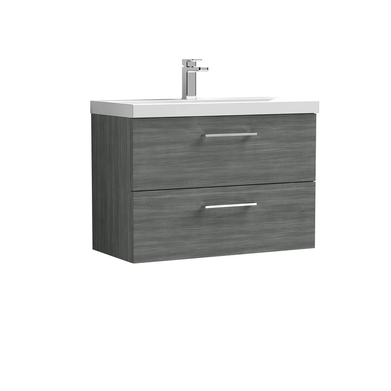 nuie ARN526A Arno Modern Bathroom Wall Hung 2 Drawer Vanity Unit with Mid-Edge Ceramic Basin, Anthracite