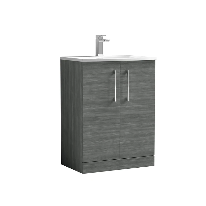 nuie ARN503G Arno Modern Bathroom Floor Standing 2 Door Vanity Unit with Curved Ceramic Basin, Anthracite