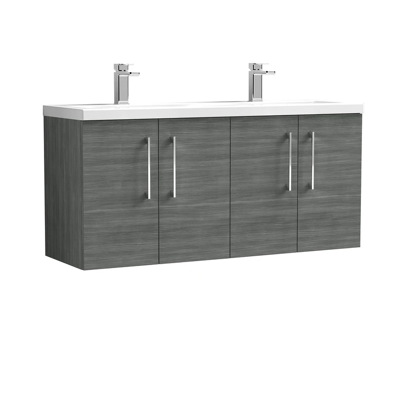 nuie Modern Bathroom Wall Hung 4 Door Double Vanity Unit with Twin Ceramic Basin, Anthracite, 1200mm - Image 1