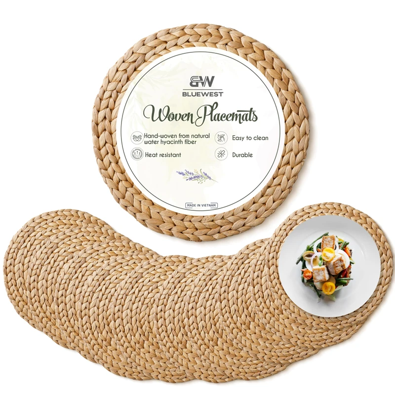 BLUEWEST (Sizes:12-13'') Woven Placemats (Set of 10), Round Placemats RattPlacemats, Wicker Water Hyacinth Placemats, Round Braided Placemats Set, Heat Resistant/Durable for Plate (13'', Set 10)