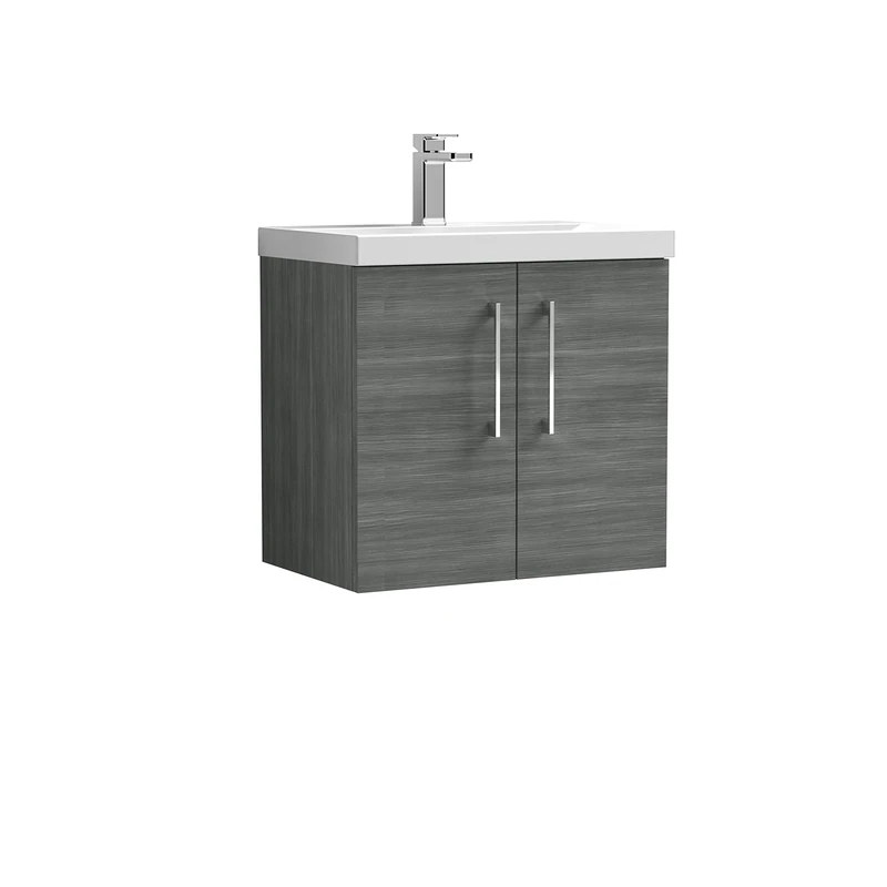 nuie ARN523D Arno Modern Bathroom Wall Hung 2 Door Vanity Unit with Thin-Edge Ceramic Basin, 600mm, Woodgrain Anthracite