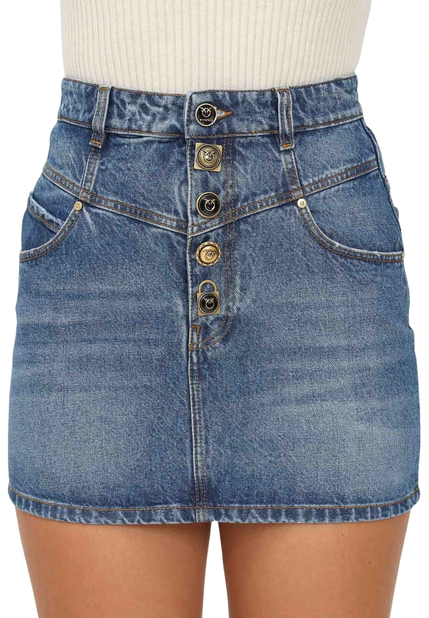 Pinko Women's Skirts Short Blue Women's Mini Skirt in Medium Blue Denim Dark with Buttons Love Birds Fall Winter 2022/23 100% Cotton 1J110F-A09Z G14, blue, 8