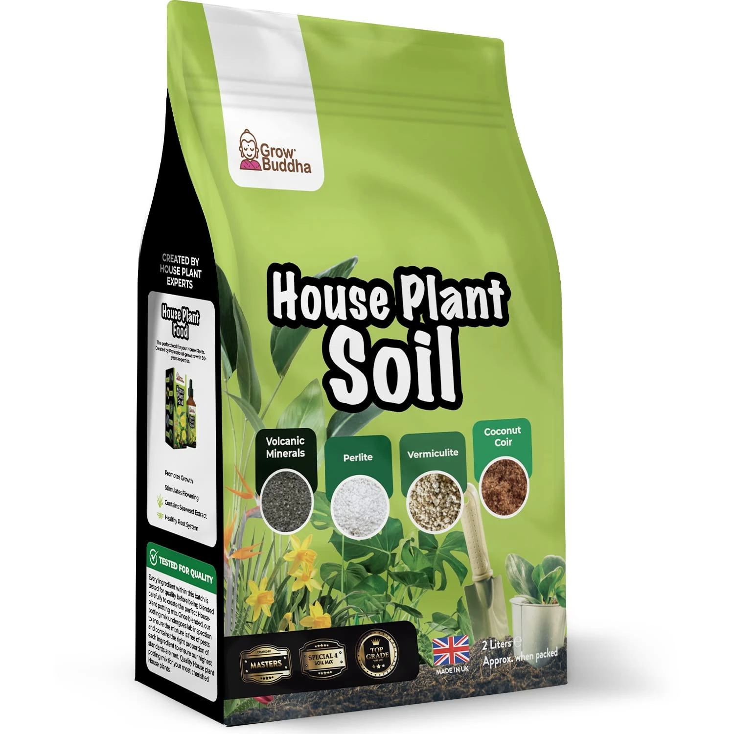 Grow Buddha Houseplant Soil - Natural Indoor Houseplant Potting Compost Mix - Enriched with Special Nutrients - House Plant Potting Soil Compost Mix for Indoor Plants - Healthy Indoor Plant Soil (2L)