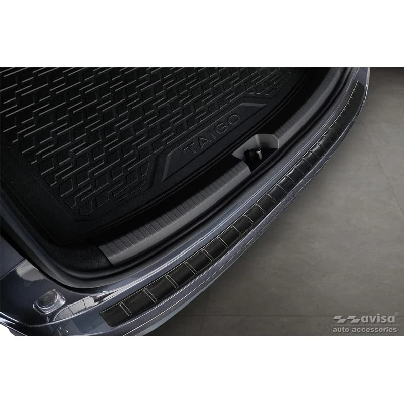 Avisa Black Stainless Steel Rear bumper protector compatible with Volkswagen Taigo 2021- 'Ribs'