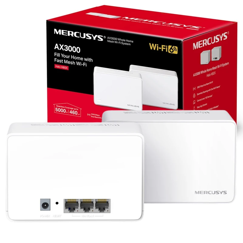 Mercusys AX3000 Whole Home Mesh Wi-Fi 6 System, Coverage up to 5,000 ft² (460 m²), Connect up to150 Devices, 160 MHz Channels, Full Gigabit Ports, Dual Band Wi-Fi, Easy App Control, Halo H80X (2-pack)