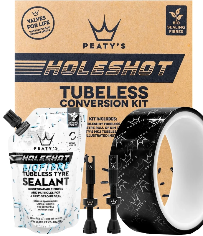 Peaty's Tubeless Wheel Conversion Kit - Enduro & DH (Wide) - 35mm Tape / 42mm Valves / 2x 120ml Holeshot Biofibre Sealant Pouch, Black