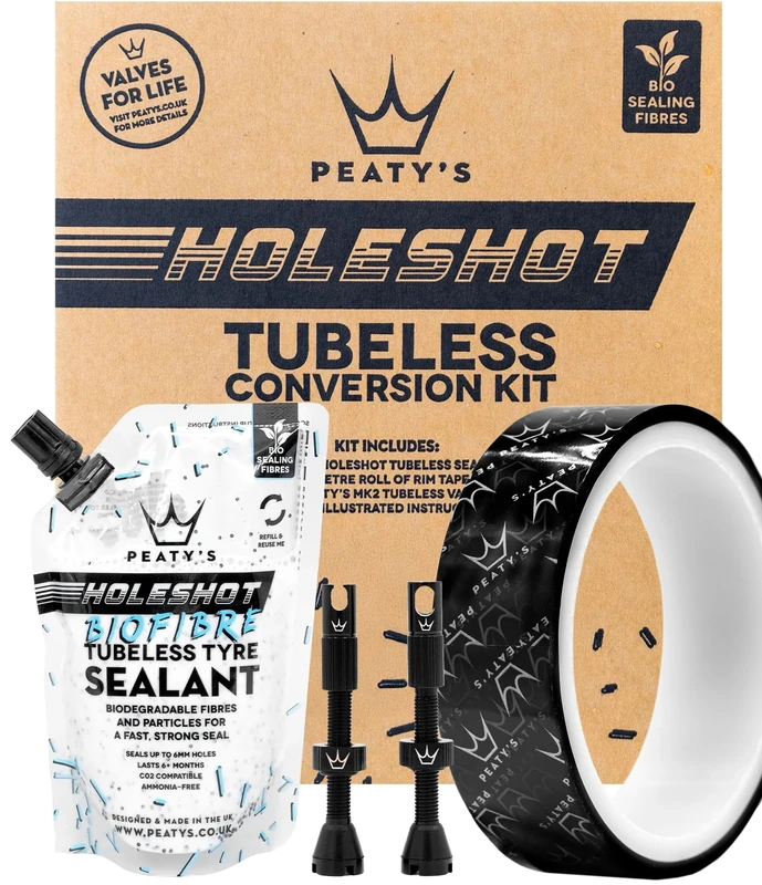 Peaty's Tubeless Wheel Conversion Kit - XC & Trail - 25mm Tape / 42mm Valves / 2x 120ml Holeshot Biofibre Sealant Pouch,Black