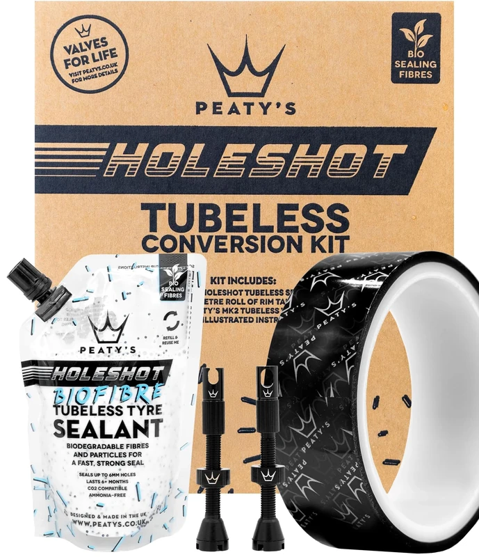 Peaty's Tubeless Wheel Conversion Kit - Enduro & DH - 30mm Tape / 42mm Valves / 2x 120ml Holeshot Biofibre Sealant Pouch, Black, 30mm Enduro & DH