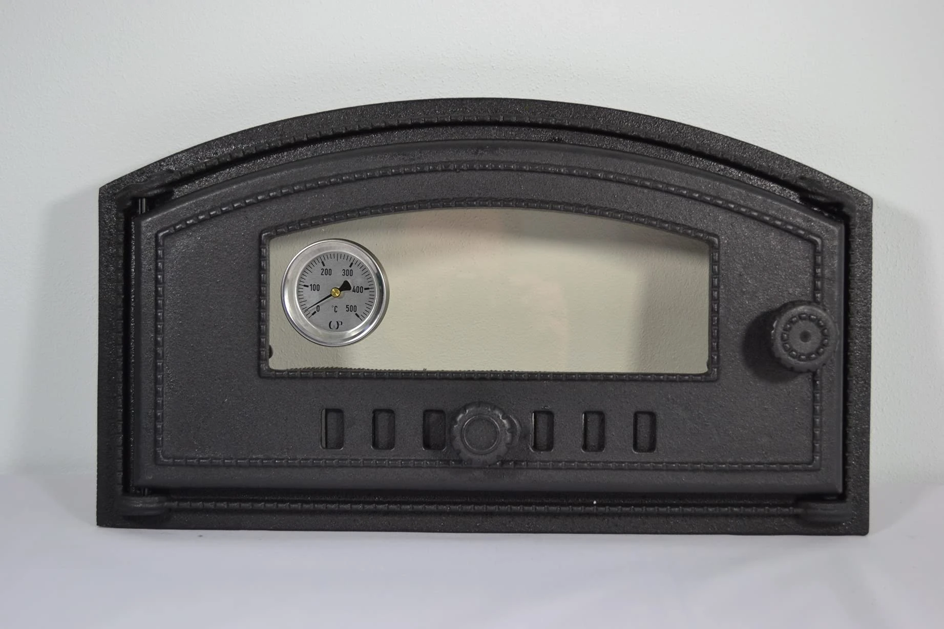 SEZAM Cast Iron Oven Door with Thermometer 500°C, Heat Resistant Glass Pane, Left Opening, Pizza Oven Door, Bread Oven, Stone Oven Door, 48.5 x 6.5 x 27.5 cm, Semicircular, Black Painting