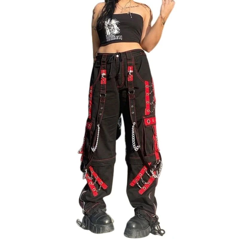 MAEHARRT Women Y2k Pants Goth Punk Emo Baggy Bell Bottom Jeans Y2k Wide Leg Grunge Pants Hip Hop Clothes, Black, M