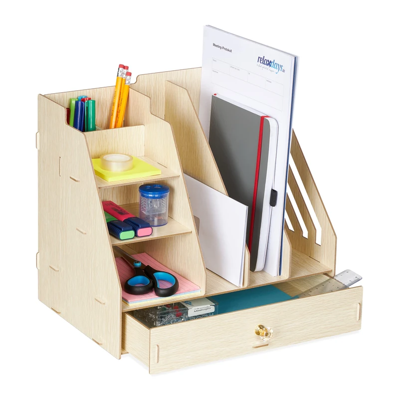Relaxdays Desk Organiser, Office Supplies and Documents, Different Size Compartments, DIY, MDF, 29.5x33x24 cm, Beige
