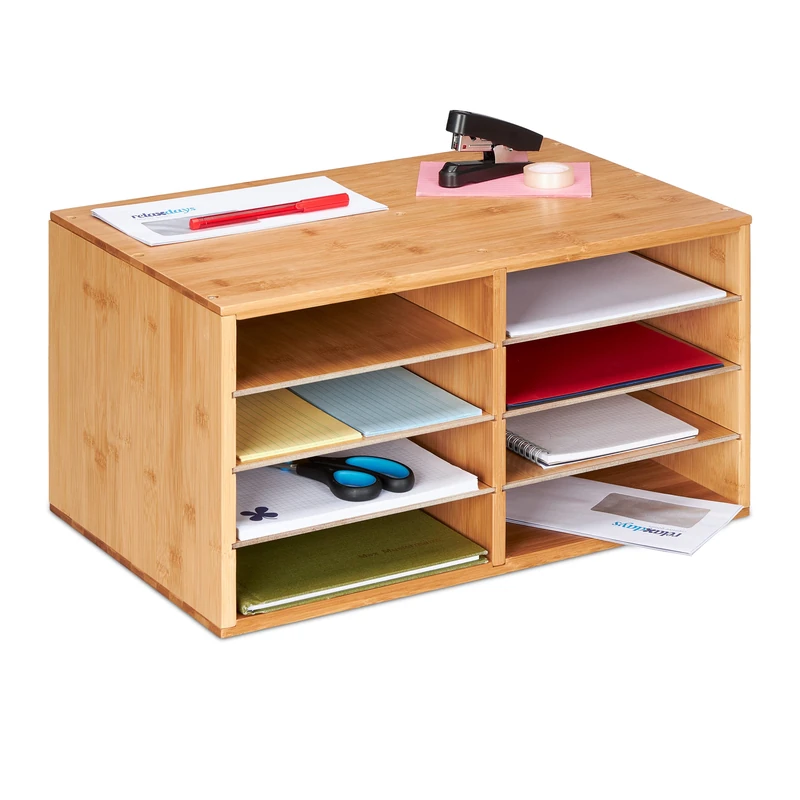Relaxdays Document Organiser, A4 Size, 8 Compartments, Office, H x W x D: 25 x 49 x 31 cm, Bamboo, Natural