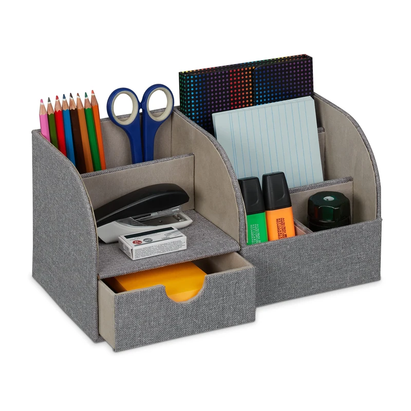 Relaxdays Desk Organiser, Office, with Drawer and 6 Compartments, Linen Look, HWD: 14.5 x 28 x 14.5 cm, Pen Holder, Grey