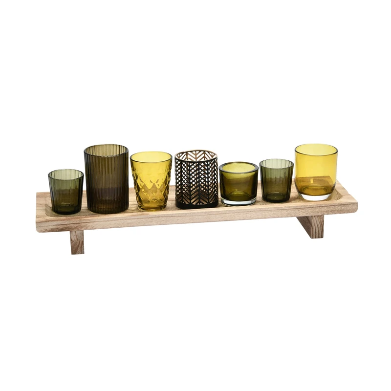 Creative Co-Op Paulownia Wood Footed Tray with 7 Glass and Metal Votive Holders, Multicolor, Set of 8 Candleholders, 20" L x 6" W x 6" H, Green