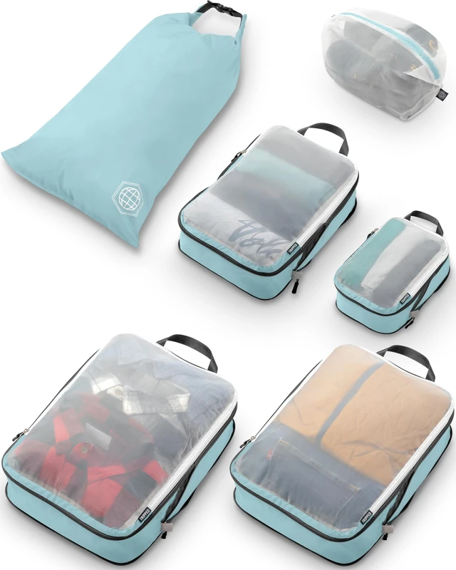 Large Packing Cube Set with See Through Mesh- Compression Packing Cubes Travel Organizers (Dusty Teal)