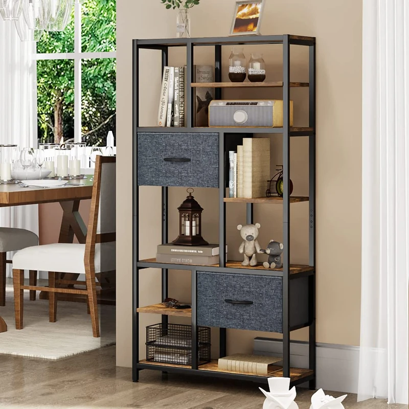 YITAHOME Bookcase, 7 Tier Bookshelf with drawers Floor Standing Book Shelf Industrial Shelving Unit Storage Rack with Steel Frame for Living Room, Office, Study, Hallway, Kitchen, Rustic Brown