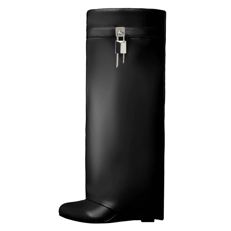 Yishaweiqi Fold Over Boots Wide-calf Wedge Heel Knee High Boot With Decorative Lock, Black, 7 UK