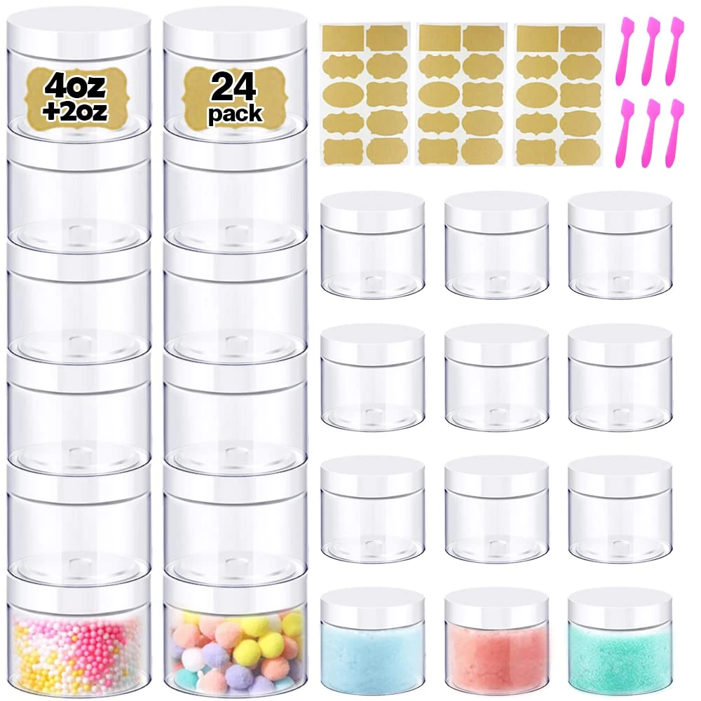 CAIKEZI 4 oz Body Butter Containers with Lids + 2oz Small Plastic Containers with Lids (Set of 24) Plastic Jars with Lids Cosmetic Jar - for Lip Scrub, Cream, Slime, Craft Storage