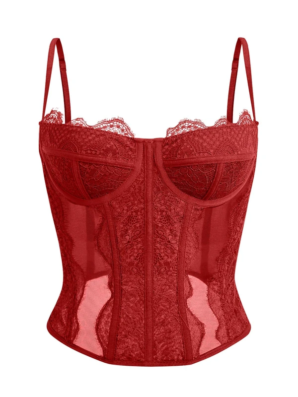 Dealmore Womens Summer Lace Bustier Mesh Sexy Vintage Spaghetti Strap Open Back Boned Corset Going Out Party Crop Top, Red, Small