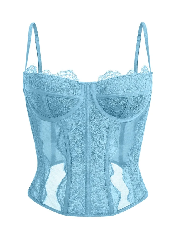 Dealmore Womens Summer Lace Bustier Mesh Sexy Vintage Spaghetti Strap Open Back Boned Corset Going Out Party Crop Top, Light Blue, Medium