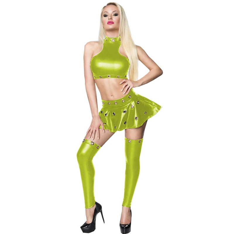 Three Piece Set Leather Crop Top and Mini Skirt Stocking Lady Bodycon,Light Green,4XL