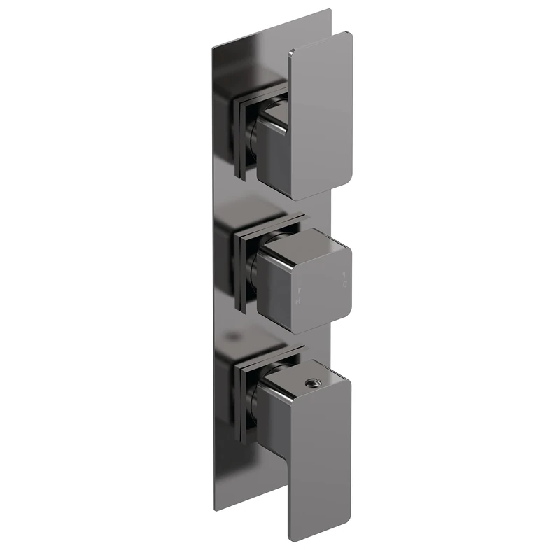 nuie WIN7TR03 Windon Modern Bathroom Square Concealed Triple Thermostatic Shower Valve with Diverter-Three Outlets, Brushed Pewter - Image 1
