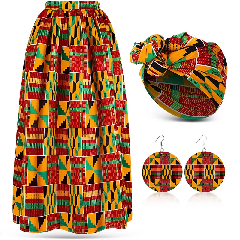 3 Pcs Women African Printed Maxi Skirt A Line Skirt with Pockets Set Casual Stretch Head Wrap Scarf Drop Dangle Earrings, Multiple Colors, Medium