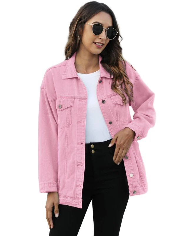 Omoone, Women's Oversized Denim Jacket Biker Coat, pink, M
