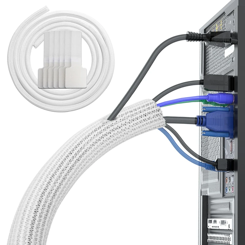 White Cable Tidy Sleeve(Length 10ft, Diameter 1/2 to 1 Inch Expandable), Braided Cable Sleeve Split& Self-wrap Sleeving for Usb Cable Power Cord Audio Video Cable, Protector Animal from Chewing Cords